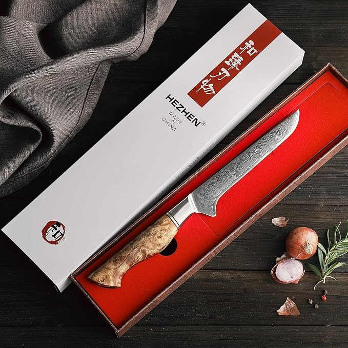 HEZHEN Damascus Boning Knife, 67 Layer Damascus Steel Fillet Knife Kitchen Knives,Figured Sycamore Wood Handle