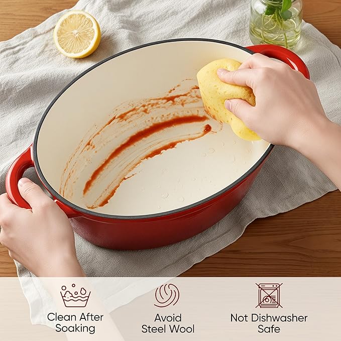 Oval Dutch Oven for Bread Baking, 4.5 Quart Non Stick Enameled Cast Iron Dutch Oven Pot with Lid, Oven Safe Oval Casserole with Lid up to 500°F for Baking, Braising, Stews, Roasting (Red)