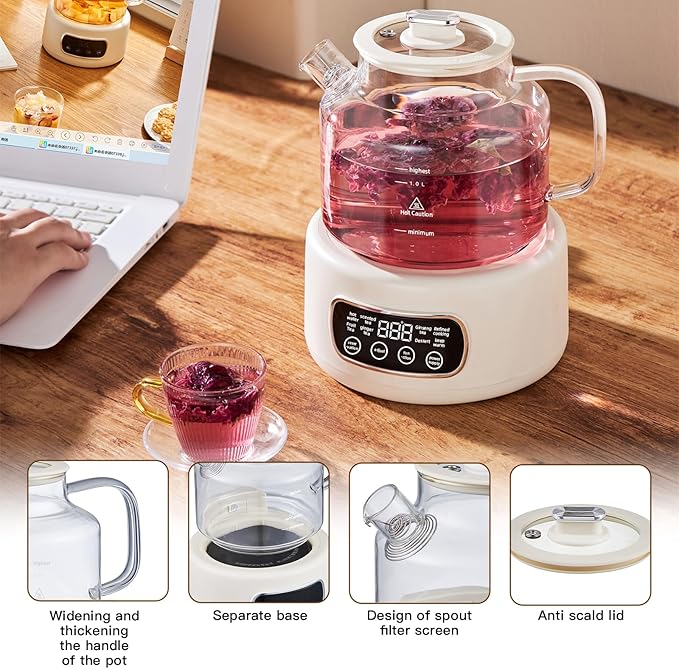 1.2-liter glass-bodied electric kettle, ideal for brewing coffee, preparing formula, and heating tea. Features adjustable temperature settings (Beige model).