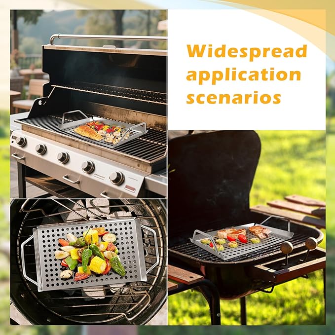 11 x 7 Inch Nonstick Grill Tray with Handles,Perforated Stainless Steel Grill Pans for Outdoor Grill,Heavy Duty Grilling Accessories for Charcoal/Gas Grills,Easy to Use and Clean