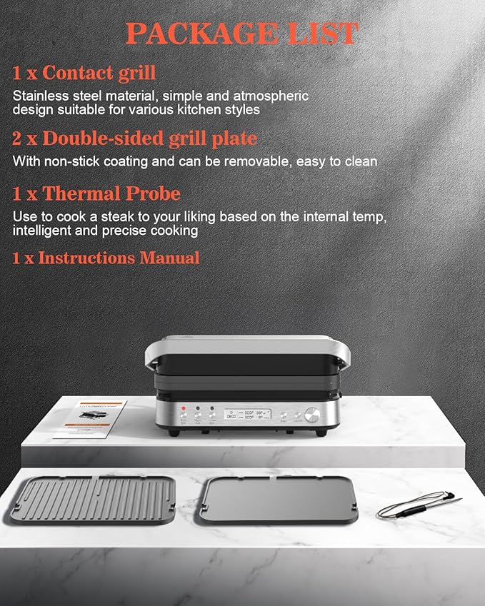 Panini Press Grill Sandwich Maker with Removable Plates, 5 in 1 Smokeless Indoor Grill & Griddle with Meat Thermometer, CATTLEMAN CUISINE Electric Contact Grills for Kitchen, Stainless Steel, 1600W