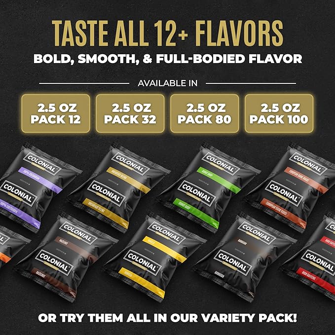 Colonial Coffee 100 Count Single Pot Coffee Packets – 100% Arabica Breakfast Blend Medium Roast | Pre-Measured Frac Packs for 12 Cup Maker | Bulk Ground Gourmet Coffee for Home & Office
