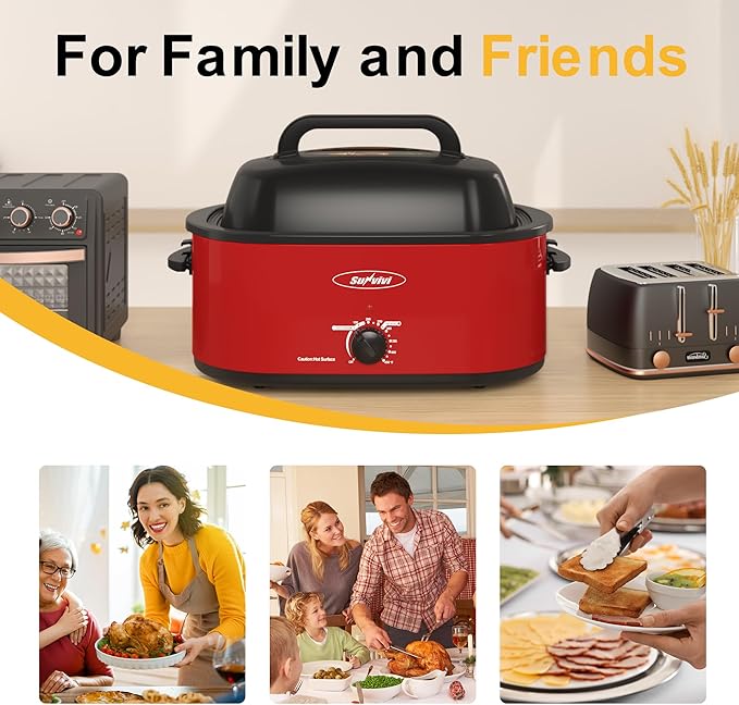 Roaster Oven, Electric Roaster Oven with Viewing Lid, Large Roaster with Removable Pan & Rack, Turkey Roaster with Unique Defrost/Warm Function, Stainless Steel, Red, 24QT