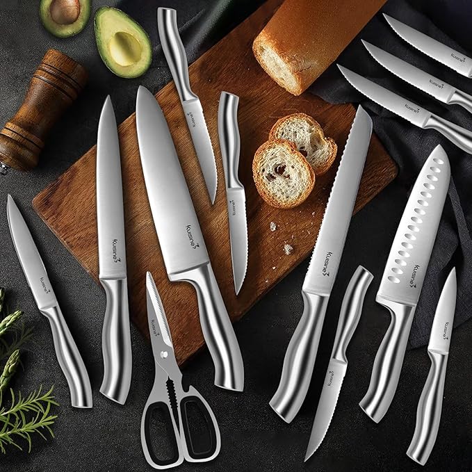 Kuisine Sharp Knife Set,One-piece Molding,Sharper Blade Ergonomic Non-slip Steel Handle,Block Knife Set Chef Knife Set with Built-in Sharpener(Black,15PCS)
