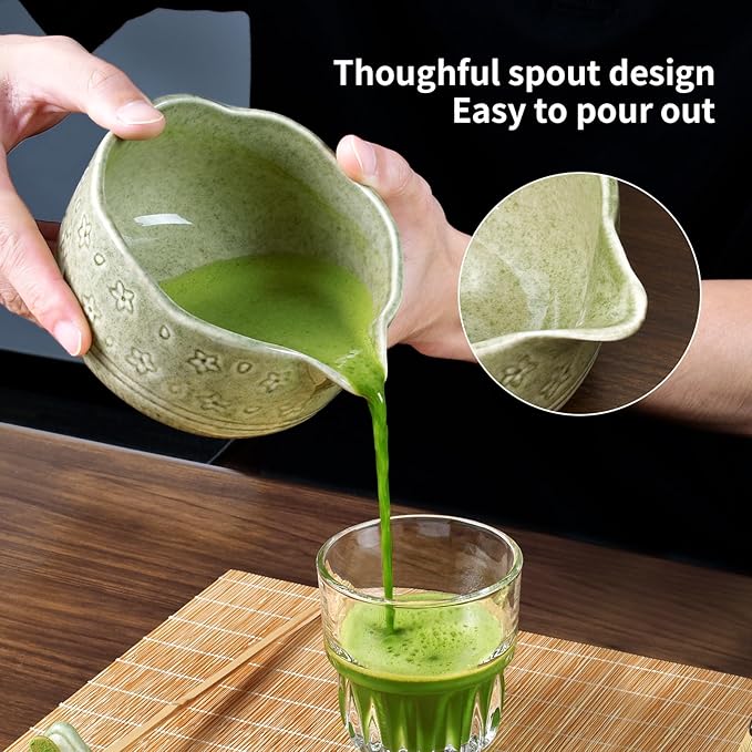 Matcha Whisk Set - Complete 8-Piece Japanese Tea Making Kit With Ceramic Bowl (Chawan), Bamboo Whisk (Chasen), Sifter, Scoop, Holder & Guide - Ideal Gift For Tea Enthusiasts (Mottled Green)