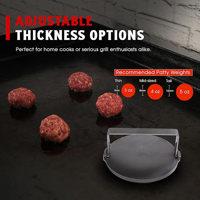 Burger Patty Smasher, Adjustable Stainless Steel Patty Press with 3 Ring Inserts for Perfect Smashburgers