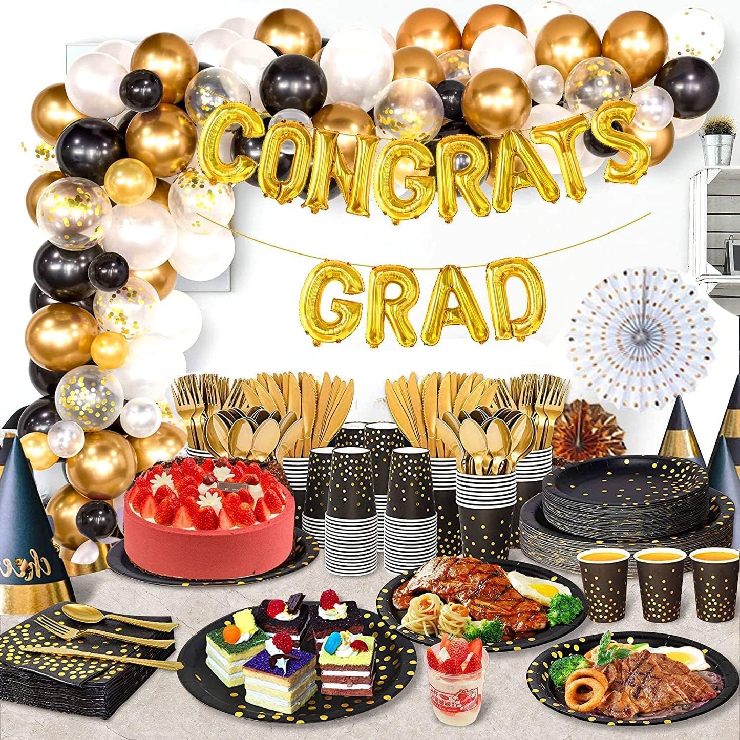 AIRE 175PCS Black and Gold Plates Party Supplies Dinnerware Sets for 25 Guests, Disposable Paper Party Plates, Dessert Plates, Cups, Napkins, Plastic Spoons, Forks, Knives for Wedding, Birthday