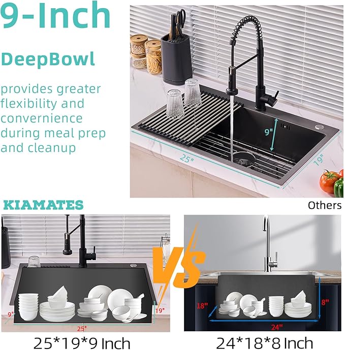 Top-mount Kitchen Sinks,33X22 Inch Drop in Black Single Bowl,9 Inch Deep Handmade Overmount Kitchen Sink, T304 Stainless Steel Nano Black Workstation Sink and Faucet with Accessories