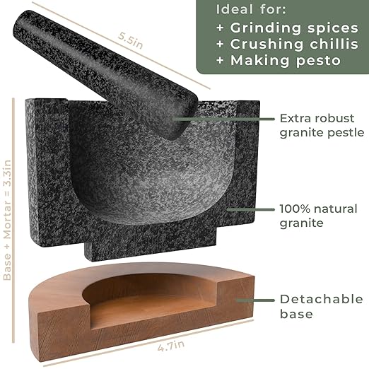 WALDWERK Mortar and Pestle - Mortar and Pestle Set with Anti-Scratch Acacia Wood Base - Mortar with Extra Large Pestle Out of Natural Granite - Large Mortar and Pestle - Perfect for Guacamole