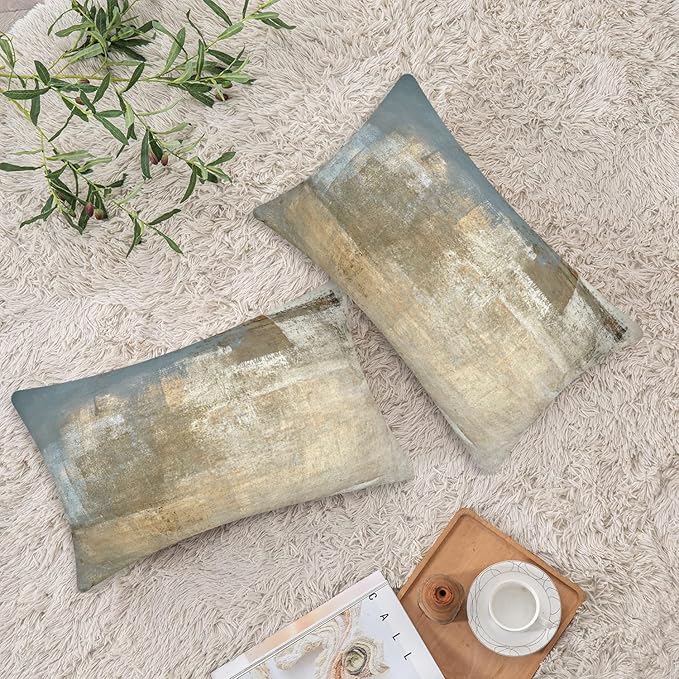 Grey and Beige Abstract Art Contemporary Pillow Cover, Modern Neutral Decorative Throw Pillows Cushion Cover for Bedroom Sofa Living Room 12 x 20 Inch Set of 2