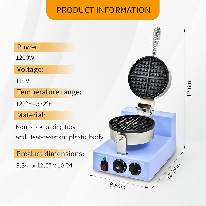 Commercial Waffle Maker, 1200W Round Rotating Waffle Iron Machine with Timer & Temp Control, Nonstick Plates, Heat-Resistant Shockproof Non-Conductive Plastic Body (110V, Sky Blue)