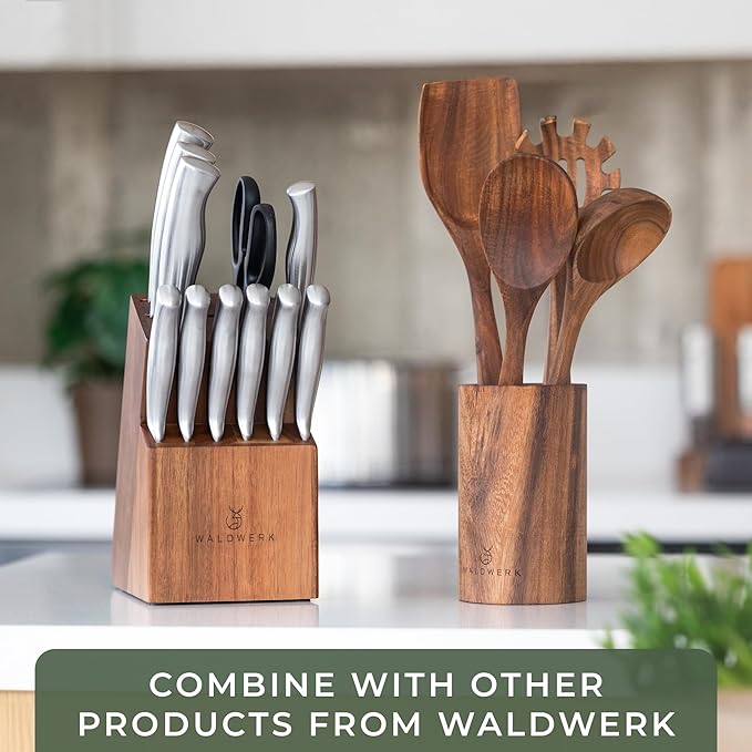 WALDWERK Wooden Spoons for Cooking β 4-Piece Kitchen Utensils Set with Teak Wood Spoons, Spatula, Pasta Server & Holder β Wooden Utensil Set β Cooking Utensils β Utensil Sets - Non Toxic