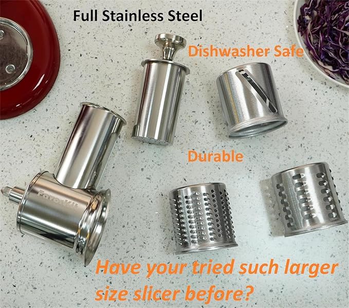 Large Stainless Steel Slicer Shredder Attachment for KitchenAid Mixers, Dishwasher Safe Salad Maker, Cheese Grater Accessories with 3 Blades & 1 Knob Thumb Screw