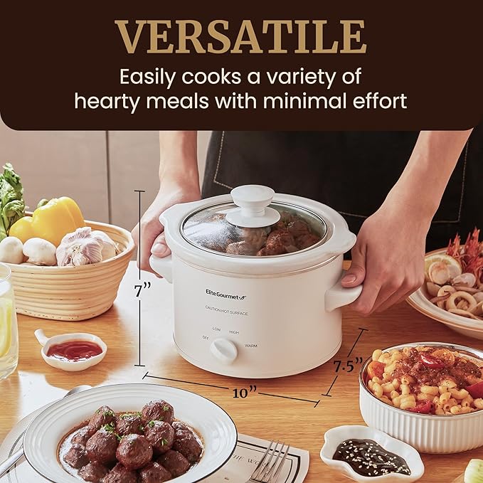 Elite Gourmet MST-250XW# Electric Slow Cooker Ceramic Pot, with Adjustable Temp, Entrees, Sauces, Soups, Roasts, Stews & Dips, Dishwasher Safe (1.5 Quart, White)
