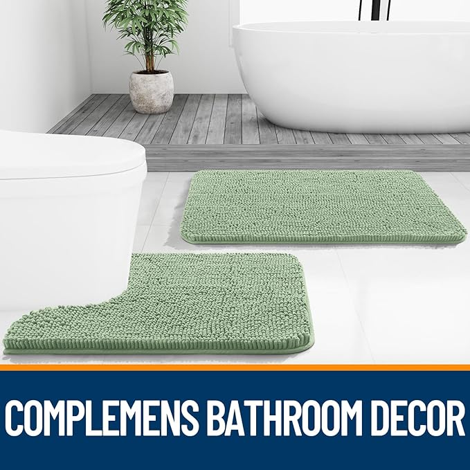OLANLY Bathroom Rugs Sets 2 Piece, Soft Absorbent Chenille Bath Mats and U-Shaped Contour Toilet Mat Area Rug Set, Machine Washable Bath Carpet, Home Decor Accessories(24"x16"+24"x20", Sage Green)