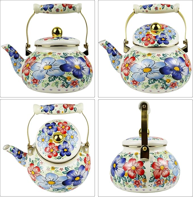 2.5L Enamel Tea Kettle, Bohemia Blue Flower Stovetop Teapot, Stylish Retro Steel Enamel Hot Water Kettle, Retro Classic Design Ideal Home Decor/Christmas Gift