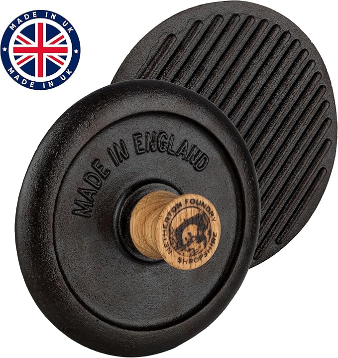 Grill Press and Steak Weight - 7.25” Round Heavy-Duty Cast Iron Burger Press with Wood Handle - Pre-Seasoned Griddle Accessories for Steaks, Burgers, and Bacon - Kitchen Gadgets by Classic Cuisine