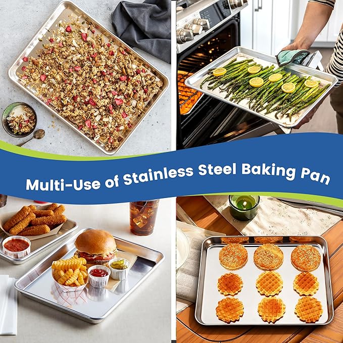 6 Pack Stainless Steel Baking Sheet Pans, 17.3" L × 12.2" W × 1" H Cookie Sheets for Toaster Oven, Rust-Resistant, Dishwasher Safe