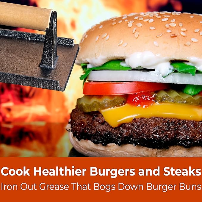 Versatile, Safe-Touch 8x4in Cast Iron Grill Weight 2pk. Perfect Meat Press With Wooden Handle for Crispy Bacon, Evenly Cooked Steak and Healthier Burgers. Great for Flat Top, Oven, Griddle and Skillet