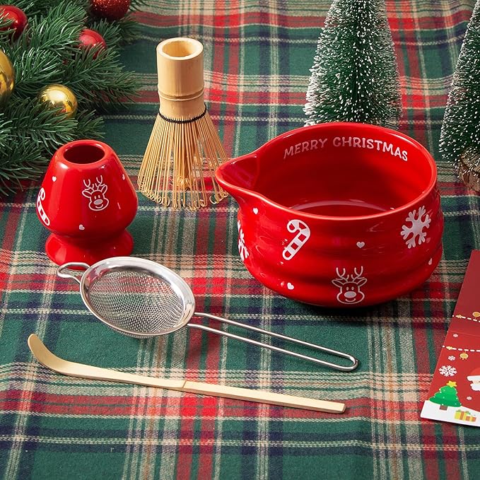 5pcs Premium Matcha Set,Ceramic Bowl with Spout and Bamboo Whisk set, Ceremonical Matcha Kit for breakfast/latte,Tea Starter Making Kit,Unique Matcha Gift set (Reindeer Red)