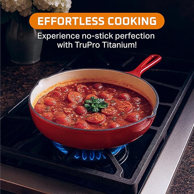 Bruntmor Enameled Cast Iron Skillet Set of 3-8, 10, and 12-Inch Non Stick Frying Pans with Tempered Glass Lids - Versatile Cast Iron Cookware Set for Casserole - Grill Pan for All Stovetops - Red