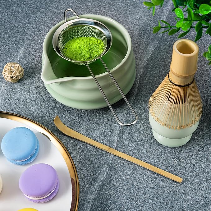 Matcha Whisk Set- Matcha Set includes Matcha Whisk and Bowl (Bowl with Spout), Sifter, Holder and Scoop- The Perfect Bamboo Whisk for Matcha Tea (Green- 7PC)
