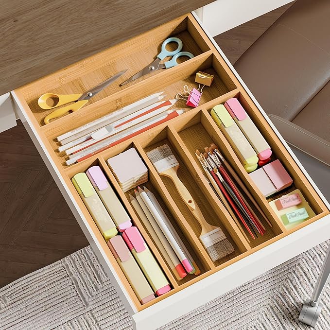 BAMEOS Bamboo Silverware Drawer Organizers, 11.9 inch Utensil Drawer Organizer for Kitchen Drawers, 7 Slots Total Large Flatware Organizer for Knives Cutlery Spoons Forks (Natural)
