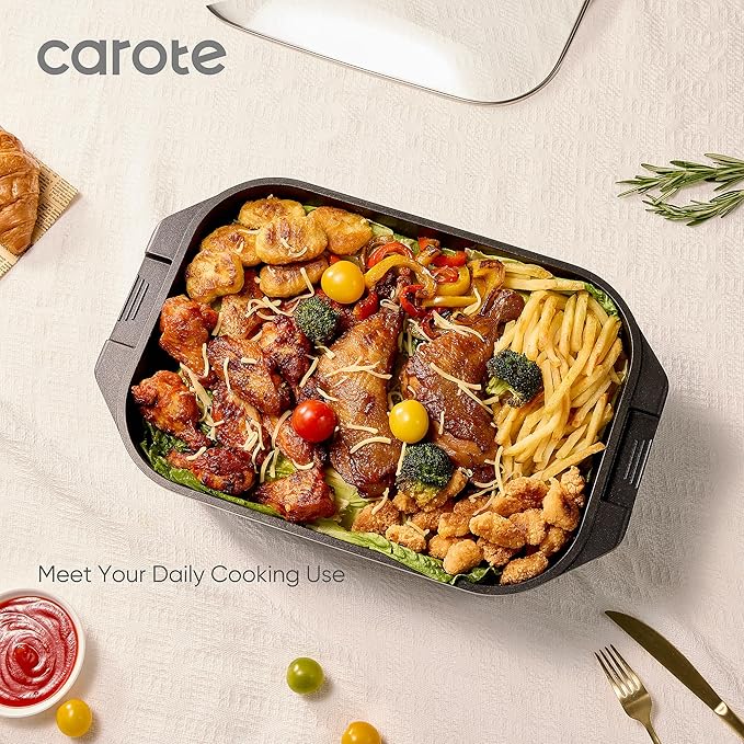 CAROTE 15.9 Inch Roasting Pan with Lid, Rectangular Nonstick Roaster Pan for Ovens, Large Pot Roast Roasting Pan with Lid, Induction & Gas Stove Compatible, PFOA Free