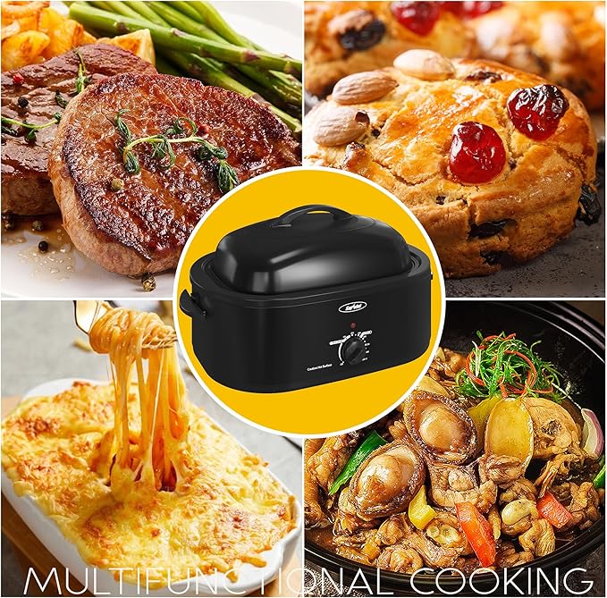 Sunvivi Roaster Oven with Self-Basting Lid,20 Quart Electric Roaster with Removable Pan & Rack,150-450°F Full-Range Temperature Control with Defrost/Warm Function,Stainless Steel,Black