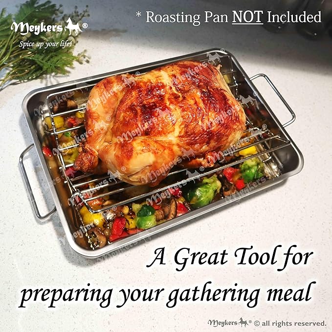 Meykers Roasting Rack Insert | Made of 304 Stainless Steel | for 9x13 Pan Oven Use | Dishwasher Safe | Adjustable Turkey Rack for Roasting Pan