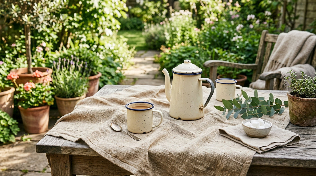 Outdoor Textures: Pairing Enamel with Mist Beige Linen