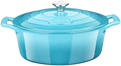 La Cuisine Enameled Cast Iron Oval Dutch Oven Casserole Pot with Lid, 6.75 QT Internal Matte Black Enamel for bread baking, 2-ton Teal Enamel Coating Finish Exterior, Oven Safe up to 500° F