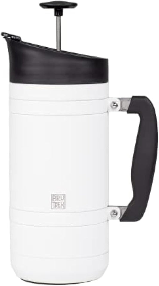 BruTrek Basecamp Coffee Press - Double Wall Vacuum Insulated Stainless Steel - Bru-Stop Technology, No Grounds in Coffee, No Spill Lid (Snowflake White, 48 fl.oz)