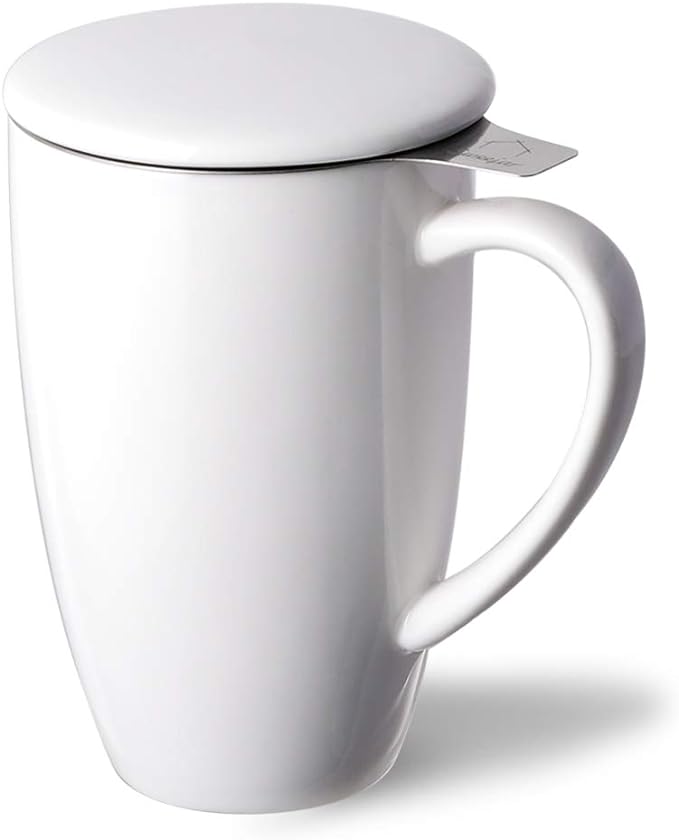 Sweejar Porcelain Tea Infuser Cup with Lid, 16 oz Teacup with Strainers for Loose Leaf, Microwave and Dishwasher Safe Coffee Mug, Steeping Mug for Tea Drinkers,Christmas Gift (White)