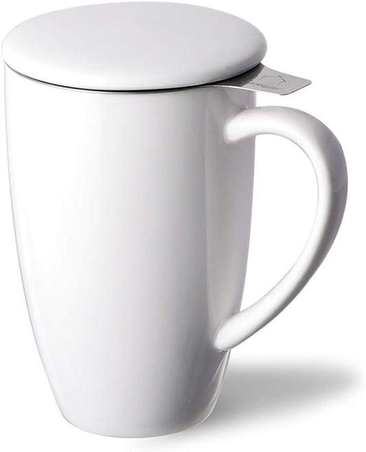 Sweejar Porcelain Tea Infuser Cup with Lid, 16 oz Teacup with Strainers for Loose Leaf, Microwave and Dishwasher Safe Coffee Mug, Steeping Mug for Tea Drinkers,Christmas Gift (White)