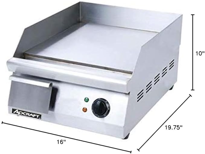 Adcraft 16" Countertop Electric Griddle with Thermostatic Controls and Heavy Duty with Temperatures ranging from 120-570 Degrees, NSF Certified, 220V, 16-inch, Stainless Steel