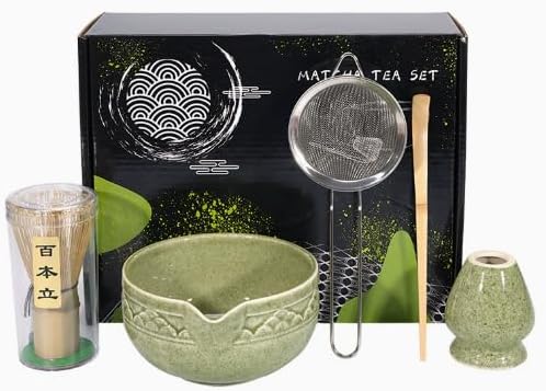 Japanese Matcha Whisk Set, 5-Piece Ceramic Chawan Bowl & Bamboo Whisk (Chasen) Kit | Complete Set for Traditional Matcha Making at Home, Ideal Gift for Tea Lovers (Green)