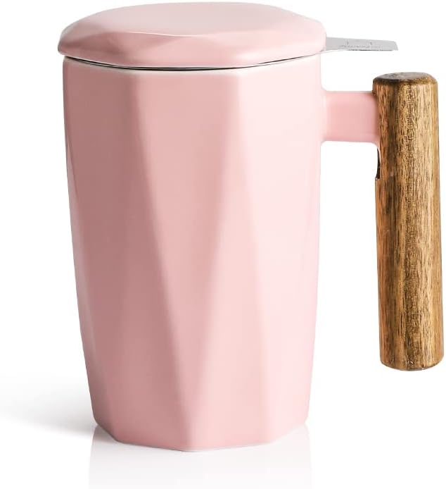 Sweejar Ceramic Tea Infuser Cup with Lid, Wooden Handle Teacup with Strainers for Loose Leaf Tea, 17 oz Geometric Shape Coffee Mug, Steeping Mug with Infuser, Women Christmas Gift (Pink)