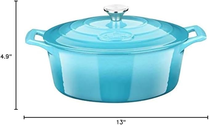 La Cuisine Enameled Cast Iron Oval Dutch Oven Casserole Pot with Lid, 6.75 QT Internal Matte Black Enamel for bread baking, 2-ton Teal Enamel Coating Finish Exterior, Oven Safe up to 500° F