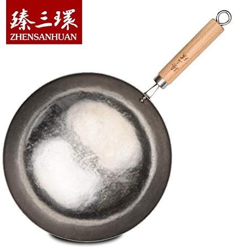 臻三环 ZhenSanHuan Chinese Hand Hammered Iron Pow Woks and Stir Fry Pans Wooden Handle (Silver-NOT Seasoned 32cm)