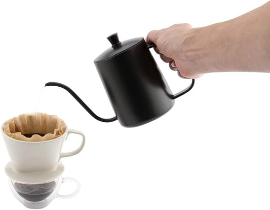 Restaurantware Restpresso 20 Ounce Gooseneck Kettle 1 Dishwashable Pour Over Kettle - With Thermometer Hole Non-Stick Coating Black Stainless Steel Stovetop Kettle Built-In Handle