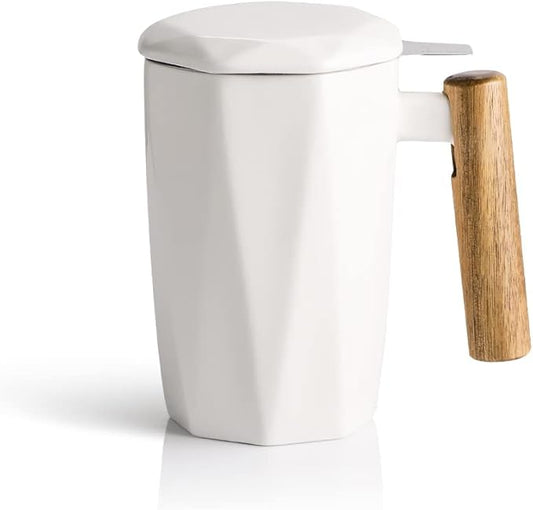 Sweejar Ceramic Tea Infuser Cup with Lid, Wooden Handle Teacup with Strainers for Loose Leaf Tea, 17 oz Geometric Shape Coffee Mug, Steeping Mug with Infuser, Women Christmas Gift (White)