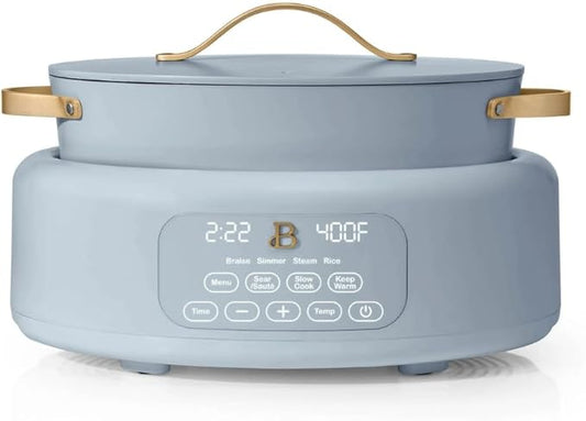 Beautiful 10-in-1 Electric Multi-Cooker by Drew Barrymore, 6-quart, digital display, 10 cooking functions, non-stick pot, easy one-touch control (Cornflower Blue)