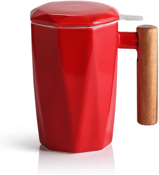 Sweejar Ceramic Tea Infuser Cup with Lid, Wooden Handle Teacup with Strainers for Loose Leaf Tea, 17 oz Geometric Shape Coffee Mug, Steeping Mug with Infuser, Women Christmas Gift (Red)