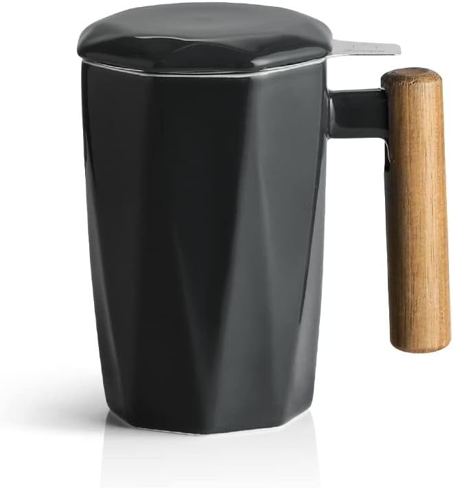 Sweejar Ceramic Tea Infuser Cup with Lid, Wooden Handle Teacup with Strainers for Loose Leaf Tea, 17 oz Geometric Shape Coffee Mug, Steeping Mug with Infuser, Women Christmas Gift (Black)