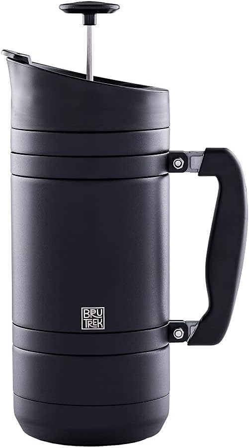 BruTrek BaseCamp Coffee Press - Double Wall Insulated Stainless Steel - Bru-Stop Technology, No Grounds in Coffee, No Spill Lid (Obsidian, 48 fl.oz)