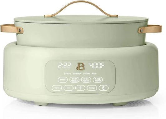 Beautiful 10-in-1 Electric Multi-Cooker by Drew Barrymore, 6-quart, digital display, 10 cooking functions, non-stick pot, easy one-touch control (Sage Green)