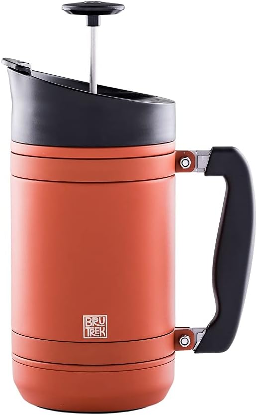 BruTrek BaseCamp Coffee Press - Double Wall Insulated Stainless Steel - Bru-Stop Technology, No Grounds in Coffee, No Spill Lid (Red Rock, 32 fl.oz)
