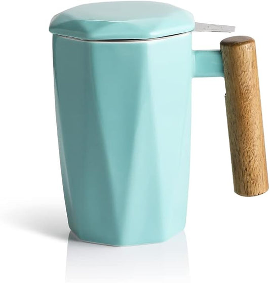 Sweejar Ceramic Tea Infuser Cup with Lid, Wooden Handle Teacup with Strainers for Loose Leaf Tea, 17 oz Geometric Shape Coffee Mug, Steeping Mug with Infuser, Women Christmas Gift (Turquoise)