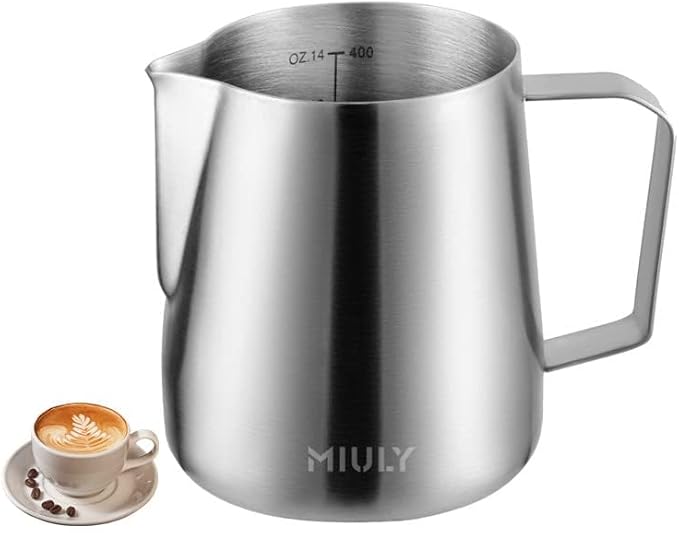 Miuly Milk Frothing Pitcher, 14oz/420ml Stainless Steel Espresso Accessories Frother Pitcher for Cappuccino, Latte Art